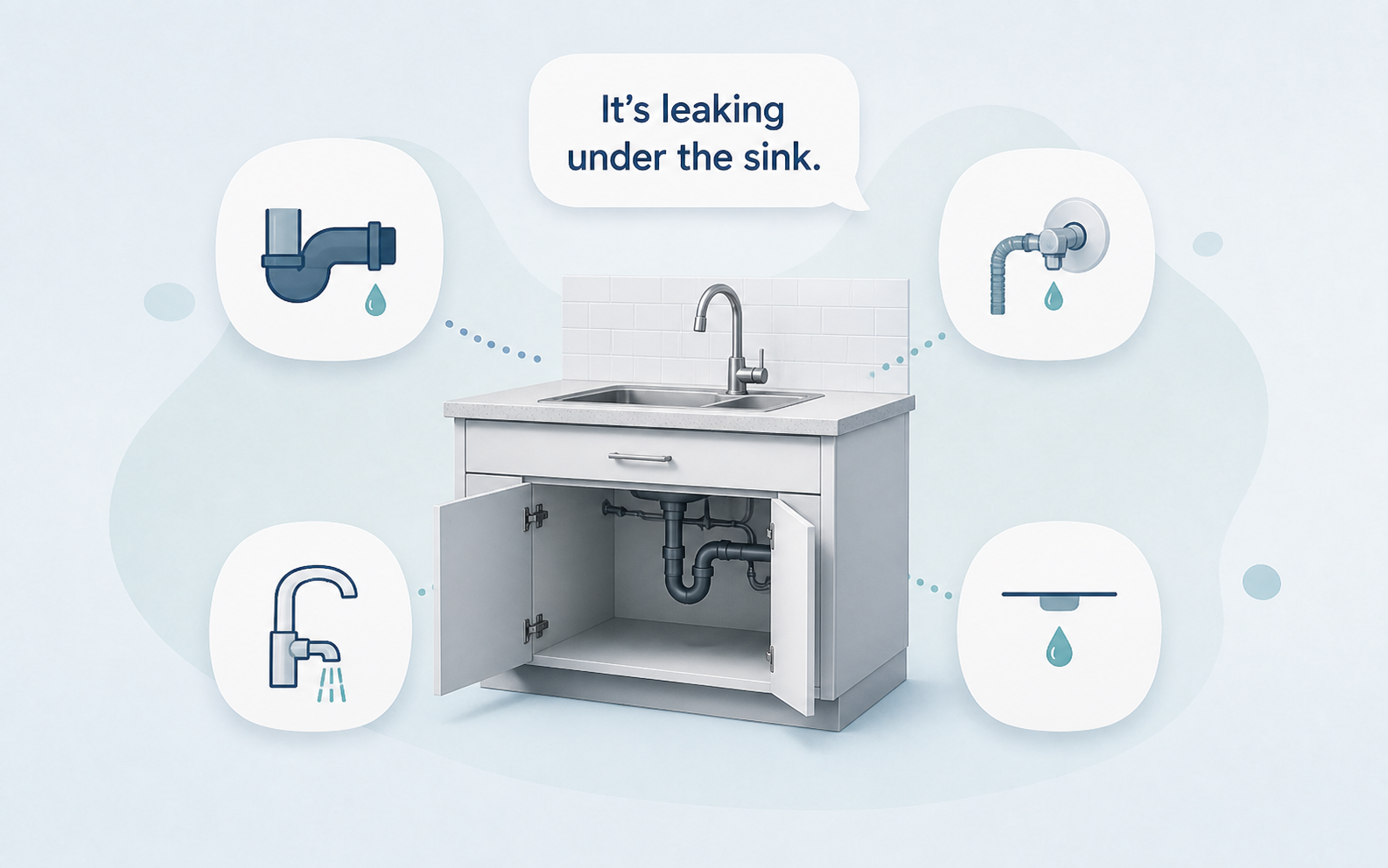 A kitchen sink with four equally possible sources or conditions for a reported leak